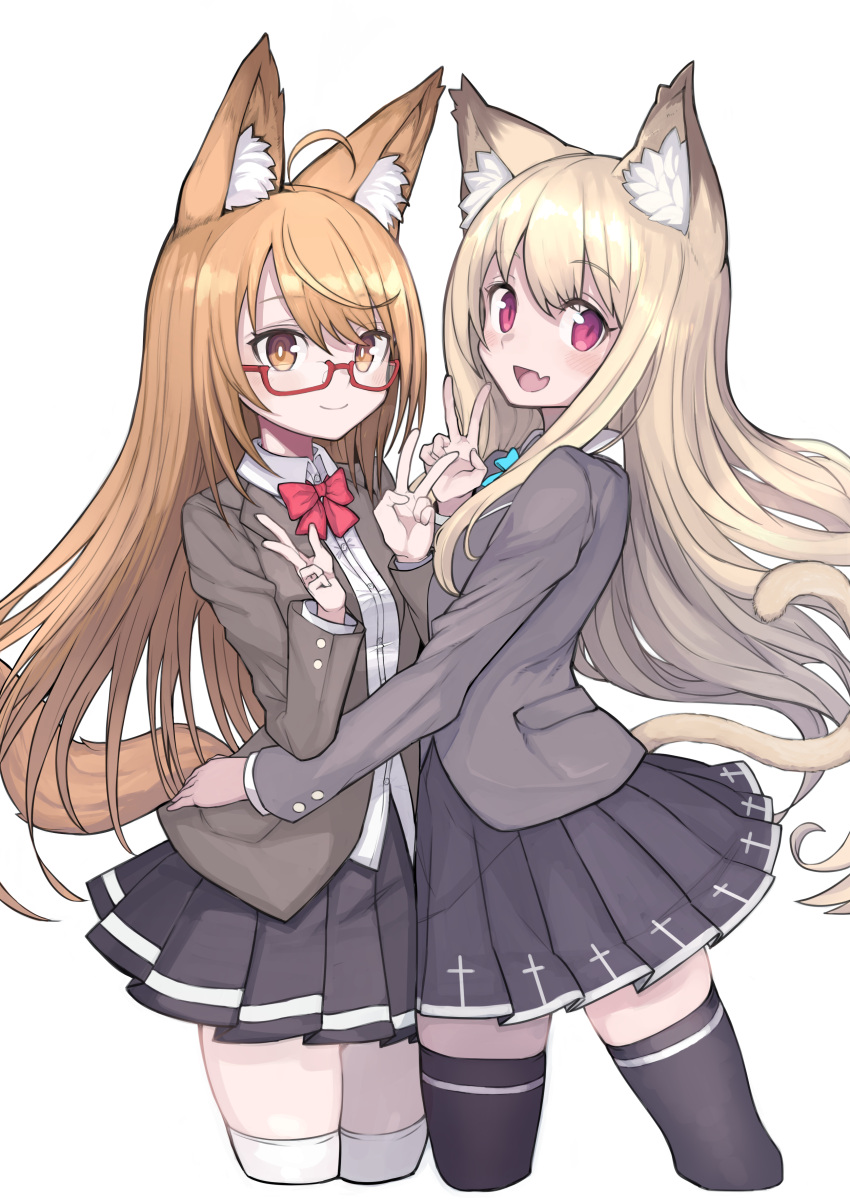 2girls absurdres animal_ear_fluff animal_ears black_legwear blonde_hair breasts brown_eyes brown_hair brown_jacket cat_ears cat_girl cat_tail dog_ears dog_girl dog_tail dress_shirt glasses hand_on_another's_hip highres izayoi_cha jacket long_hair long_sleeves looking_at_viewer marika_(zeddaru) miniskirt multiple_girls original pleated_skirt red_eyes shirt simple_background skirt small_breasts smile tail thighhighs v white_background white_legwear white_shirt zettai_ryouiki
