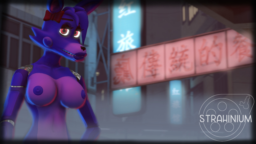 3d_(artwork) animatronic bow_tie breasts canid canine digital_media_(artwork) fan_character female five_nights_at_freddy's fox hair heart_(marking) hi_res lipstick machine makeup mammal purple_body purple_hair red_eyes red_lipstick robot scottgames snout strahinium video_games