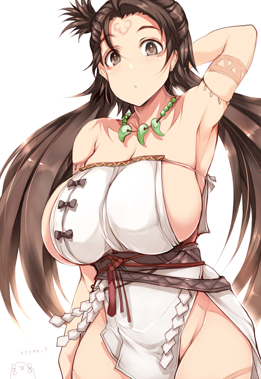 1girl arm_behind_head arm_up armpits bare_shoulders body_markings breasts brown_eyes brown_hair closed_mouth dress facial_mark fate/grand_order fate_(series) forehead forehead_mark groin highres himiko_(fate) huge_breasts long_hair looking_at_viewer magatama magatama_necklace no_bra no_panties revision sash side_slit sideboob simple_background solo topknot tsukasawa_takamatsu twintails white_background white_dress