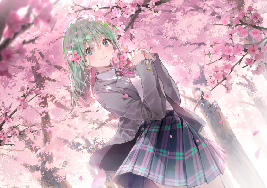 1girl bangs blue_eyes blue_skirt cherry_blossoms closed_mouth collared_shirt commentary_request cowboy_shot day dsmile eyebrows_visible_through_hair flower green_hair grey_jacket hair_flower hair_ornament holding holding_flower jacket long_hair long_sleeves looking_at_viewer neck_ribbon original outdoors pink_flower pink_ribbon pink_skirt plaid plaid_skirt pleated_skirt ribbon school_uniform serafuku shirt skirt smile solo tree white_shirt