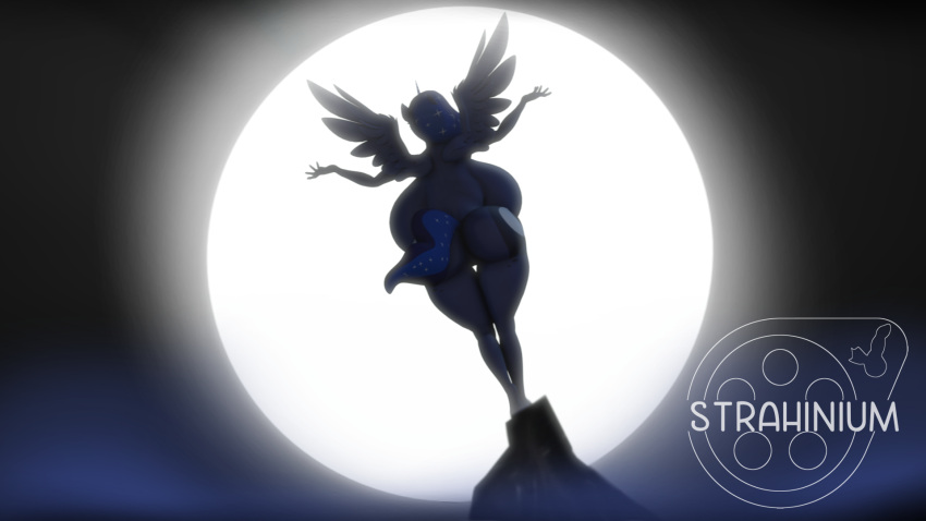 2021 5_fingers anthro big_breasts big_butt blue_body blue_hair blue_horn breasts butt cutie_mark equid equine female fingers friendship_is_magic hair hasbro hi_res horn huge_breasts looking_away mammal moon my_little_pony nude princess_luna_(mlp) solo spread_arms standing strahinium unicorn wings