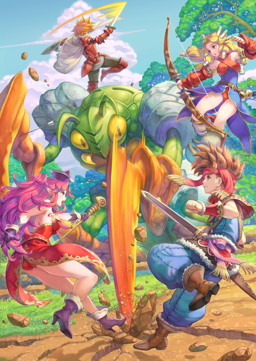 2boys 2girls absurdres angela_(seiken_densetsu_3) armor blonde_hair bow_(weapon) brown_footwear brown_hair day detached_sleeves dodging earrings fighting gloves grin haccan hair_tubes hat headband high_heels highres holding holding_bow_(weapon) holding_sword holding_wand holding_weapon imu_(lom) jewelry legend_of_mana long_hair monster multiple_boys multiple_girls non-web_source official_art open_mouth orange_hair outdoors pointy_ears purple_footwear purple_hair randi seiken_densetsu seiken_densetsu_2 seiken_densetsu_3 short_hair smile sword wand weapon