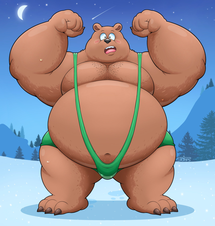 anthro belly big_belly black_nose blush brown_bear bulge cartoon_network clothing grizzly_(wbb) grizzly_bear hi_res humanoid_hands male mammal moon mountain night obese obese_male outside overweight overweight_male plant shooting_star solo stompsthecroc tree underwear ursid ursine we_bare_bears