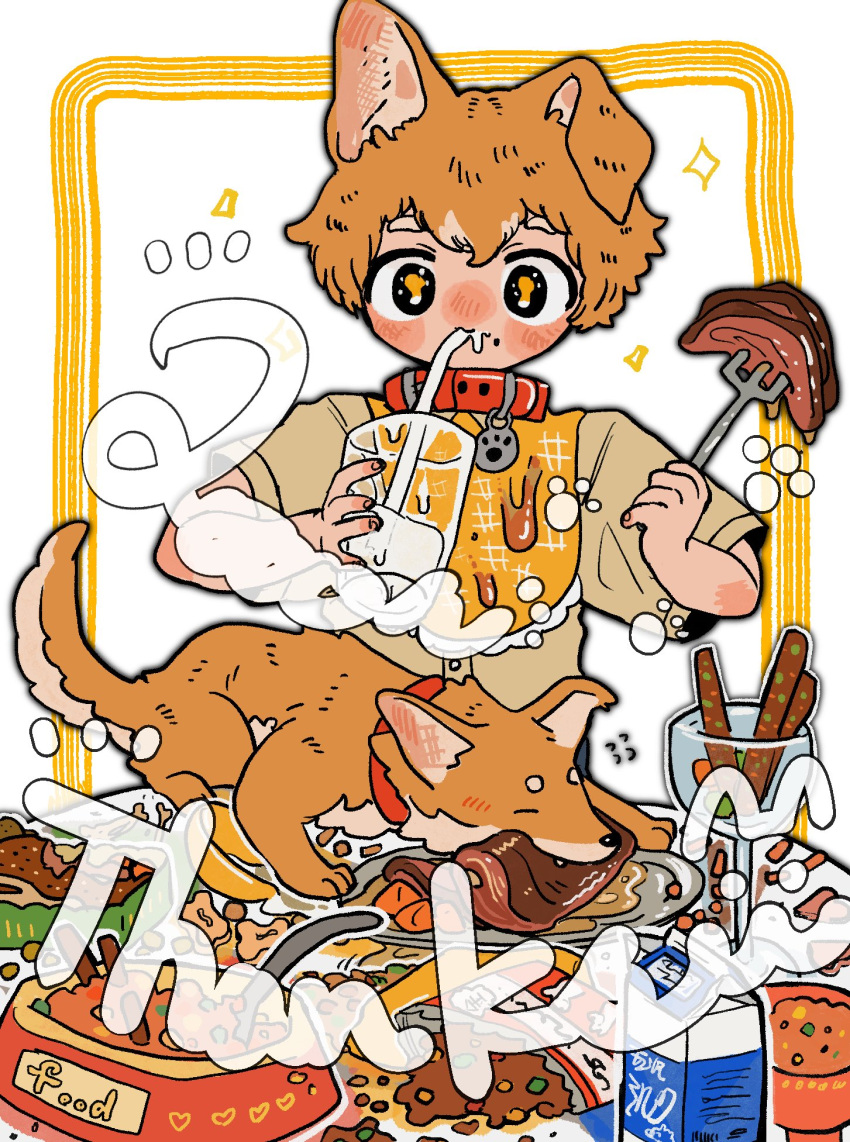 1boy animal animal_collar animal_ears black_eyes brown_shirt collar cup dog dog_ears drink drinking drinking_straw eating fangs food food_on_clothes food_on_face fork highres holding holding_fork meat milk orange_hair orange_pupils original red_collar shima_(wansyon144) shirt short_eyebrows short_hair solo sparkle steam thank_you thick_eyebrows utensil white_background