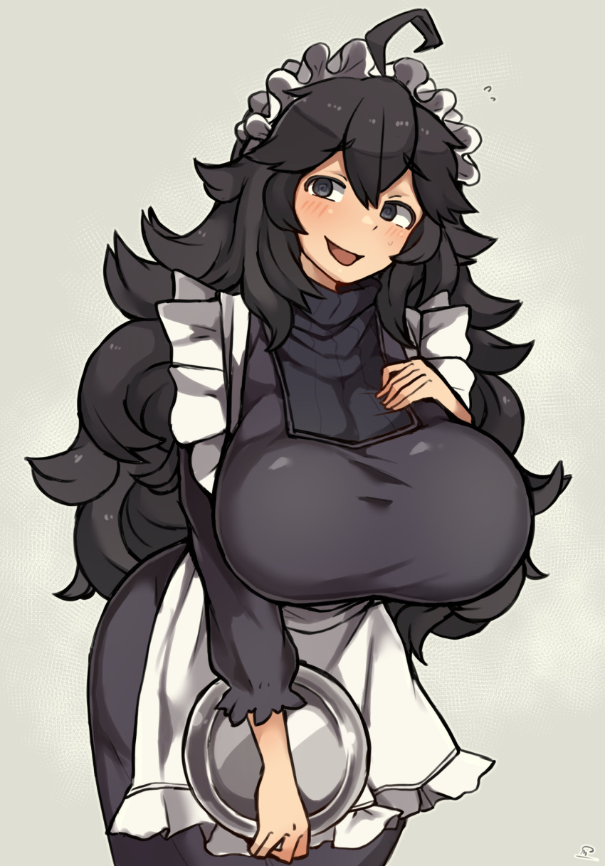 1girl @_@ ahoge alternate_breast_size apron black_dress black_eyes black_hair blush breasts commentary cropped_legs dress eyebrows_visible_through_hair hair_between_eyes hairband headband heart hex_maniac_(pokemon) highres huge_breasts large_breasts long_dress long_hair looking_at_viewer maid maid_apron maid_headdress open_mouth own_hands_together pokemon pokemon_(game) pokemon_xy purple_headband ribbed_sweater simple_background smile solo standing sweater tray umitsuki_(kurage_no_shokushu) white_background