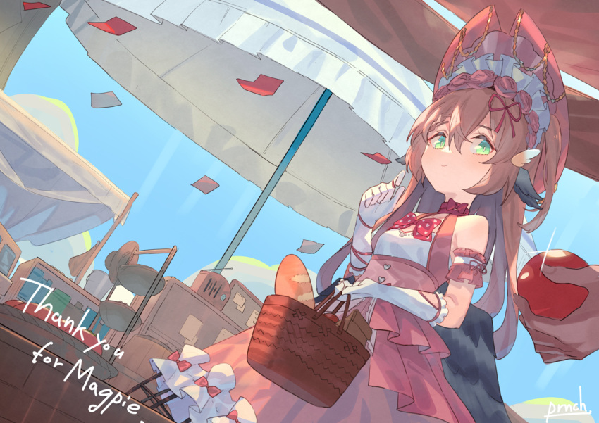 1girl animal_ears antique_radio bird_ears bonnet bow bow_choker bowtie bread brown_hair choker closed_mouth commentary commission day dress english_commentary food gloves green_eyes groceries hair_between_eyes hand_up indie_virtual_youtuber looking_at_viewer magpie_(vtuber) outdoors parasol peroncho pink_dress red_bow red_bowtie red_choker skeb_commission smile solo_focus thank_you umbrella white_gloves