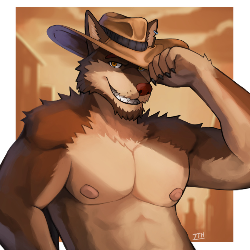 7theaven absurd_res anthro biceps breasts brown_body brown_fur canid canine canis clothing cowboy_hat digital_media_(artwork) fur gabu_(radgabu) hair hat headgear headwear hi_res looking_at_viewer male mammal muscular muscular_anthro muscular_male nipples pecs red_wolf simple_background smile solo wolf