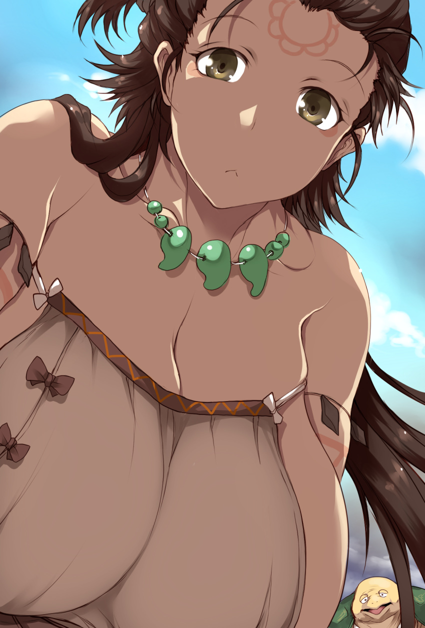 1girl bare_shoulders blue_sky body_markings breasts brown_eyes brown_hair cleavage dress facial_mark fate/grand_order fate_(series) forehead forehead_mark highres himiko_(fate) huge_breasts long_hair looking_at_viewer magatama magatama_necklace sideboob sky topknot tortoise tsukasawa_takamatsu turtle twintails white_dress