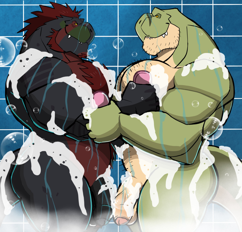 absurd_res anthro balls bathing beard big_muscles big_pecs black_body black_scales body_hair bubble chest_hair darknaigart dinosaur duo eye_contact facial_hair genitals green_body hair hi_res jace_(darknaig) looking_at_another male male/male muscular muscular_anthro muscular_male nude pecs penis red_hair reptile scales scalie shower soap steam suds tagg theropod tyrannosaurid tyrannosaurus tyrannosaurus_rex wet
