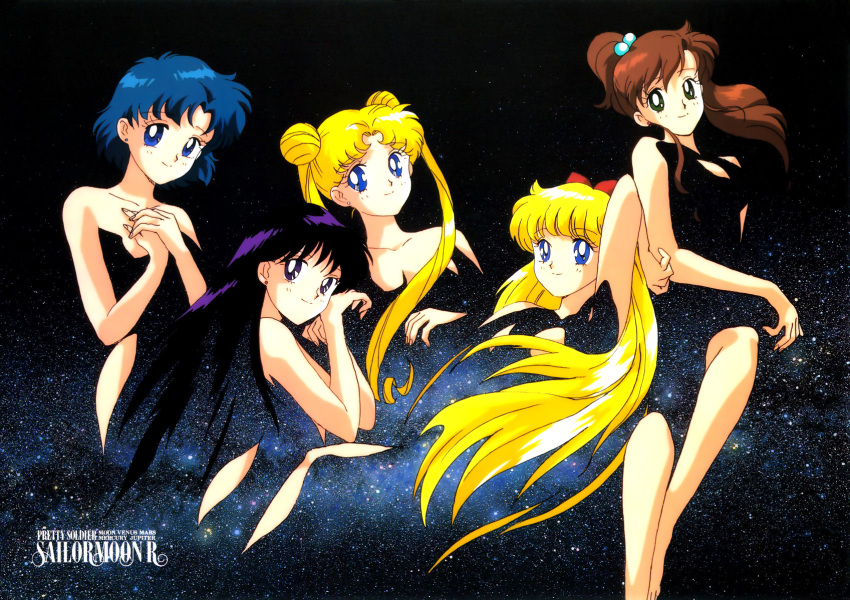 1990s_(style) 5girls aino_minako bangs bishoujo_senshi_sailor_moon black_eyes black_hair blonde_hair blue_eyes blue_hair breasts brown_hair copyright_name double_bun eyebrows_visible_through_hair green_eyes high_ponytail highres hino_rei kino_makoto long_hair looking_at_viewer mizuno_ami multiple_girls non-web_source nude official_art retro_artstyle short_hair small_breasts smile space tadano_kazuko tsukino_usagi twintails