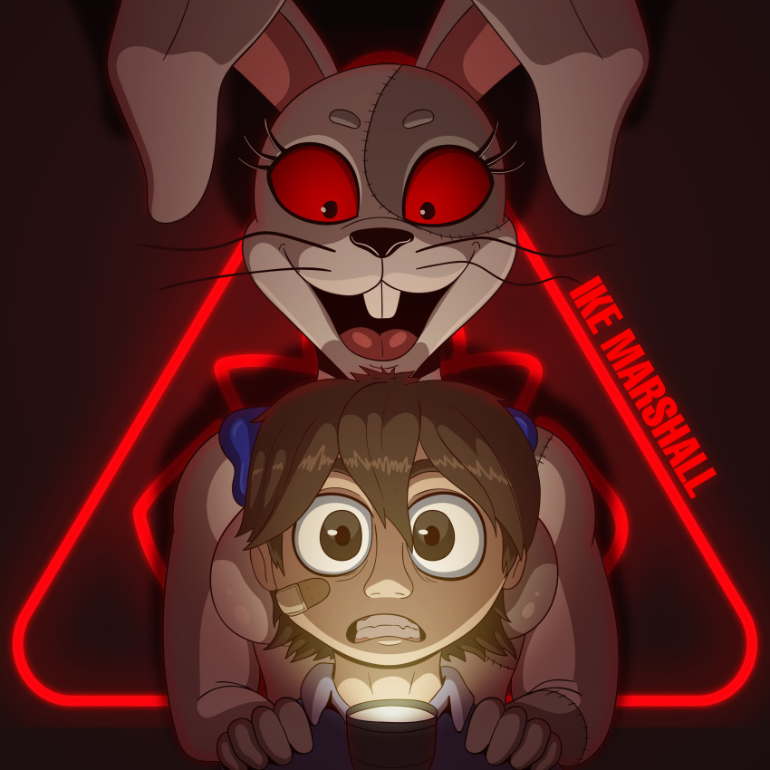 absurd_res black_background caught child five_nights_at_freddy's five_nights_at_freddy's:_security_breach flashlight gregory_(fnaf) hands_on_shoulders hi_res human ike_marshall lagomorph leporid mammal rabbit red_sclera scared scottgames simple_background vanny_(fnaf) video_game_logo video_games white_body young