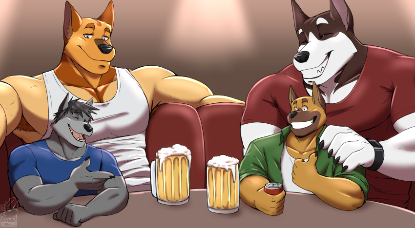 absurd_res alcohol anthro armpit_hair beer beer_mug beverage beverage_can black_hair black_nose blue_clothing blue_shirt blue_topwear body_hair brown_body brown_fur canid canine canis clock clothing domestic_dog elias_lehtinen finnish_spitz fur furniture german_shepherd gesture green_clothing green_jacket green_topwear grey_body grin group hair hand_on_shoulder herding_dog hi_res husky jacket jake_(jakewolf00) looking_down male mammal maroon_shirt multicolored_body multicolored_fur nelldemon nordic_sled_dog pastoral_dog ranger_(rangershepherd) shirt sitting size_difference sleeveless_shirt smartwatch smile spitz table tan_body tan_fur teeth thumbs_up topwear vladimir_huskyov watch white_body white_fur white_undershirt wolf