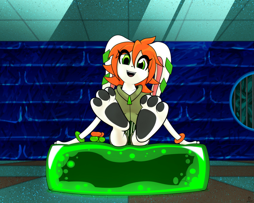 absurd_res anthro armband basset_hound black_pawpads canid canine canis clothing domestic_dog feet female foot_focus freedom_planet fur green_clothing green_eyes green_hoodie green_topwear hair hi_res hoodie hunting_dog looking_at_viewer mammal mecha417 milla_basset orange_hair pawpads scent_hound sitting solo tan_body tan_fur topwear video_games