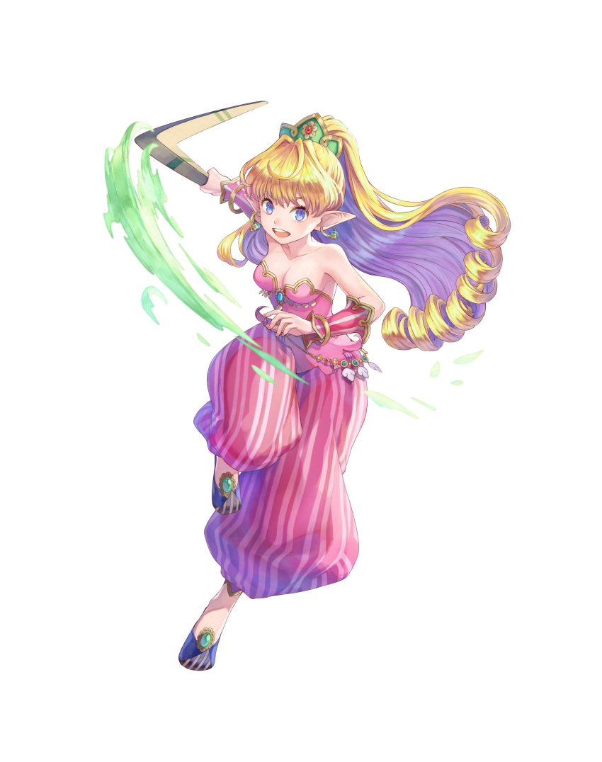 1girl absurdres bangs bare_shoulders blonde_hair blue_eyes boomerang breasts cleavage earrings flipped_hair full_body haccan high_ponytail highres holding holding_weapon jewelry long_hair looking_at_viewer medium_breasts non-web_source official_art open_mouth pointy_ears pointy_footwear primm puffy_pants seiken_densetsu seiken_densetsu_2 simple_background solo square_enix teeth upper_teeth weapon white_background