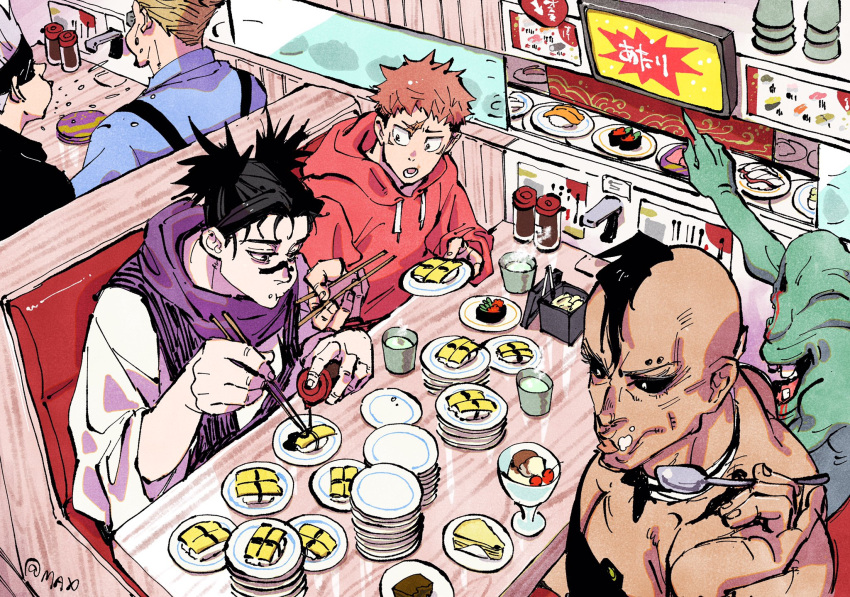 5boys bangs black_blindfold black_eyes black_hair black_sclera blindfold blonde_hair blue_shirt bottle chopsticks choso_(jujutsu_kaisen) collared_shirt colored_sclera conveyor_belt_sushi cup eso_(jujutsu_kaisen) food gojou_satoru highres holding holding_bottle holding_chopsticks holding_plate holding_spoon hood hood_down hoodie indoors itadori_yuuji japanese_clothes jujutsu_kaisen kechizu_(jujutsu_kaisen) kimono long_sleeves male_focus max801115 monster multiple_boys nanami_kento open_mouth pink_hair plate profile red_hoodie scar scar_on_face shirt short_hair spoon sushi table undercut white_hair white_kimono