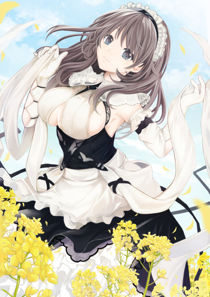 1girl apron azur_lane black_dress breasts charybdis_(azur_lane) clothing_cutout day dress dutch_angle flower framed_breasts gloves grey_eyes grey_hair highres large_breasts long_hair looking_at_viewer maid_headdress maya_(tirolpop) outdoors rapeseed_blossoms solo underboob underboob_cutout white_apron white_gloves yellow_flower