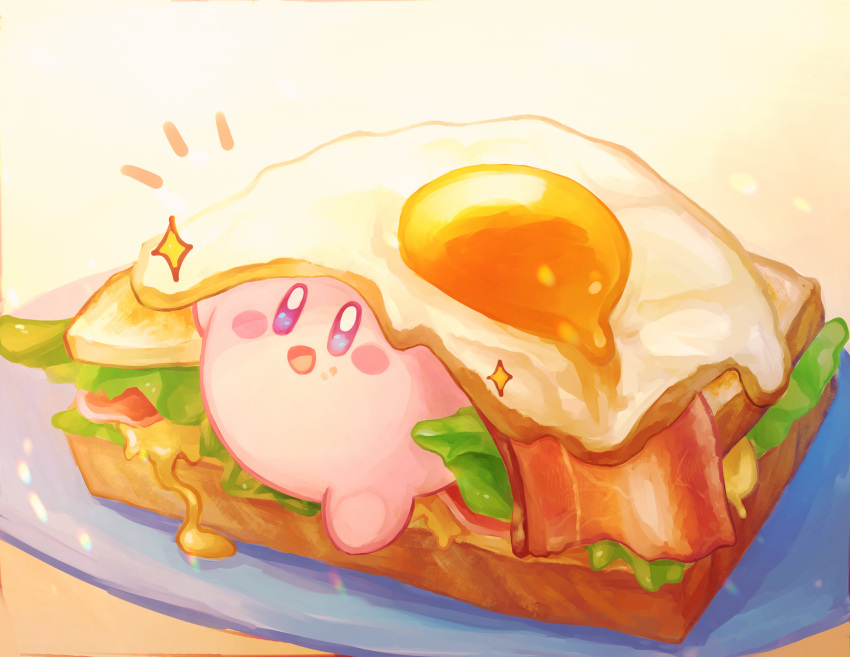 absurdres bacon blue_eyes bread_slice cheese commentary food food_focus food_on_face fried_egg highres in_food kirby kirby_(series) lettuce open_mouth plate sandwich shadow solo sparkle under_covers vul3hl0smteyk1z