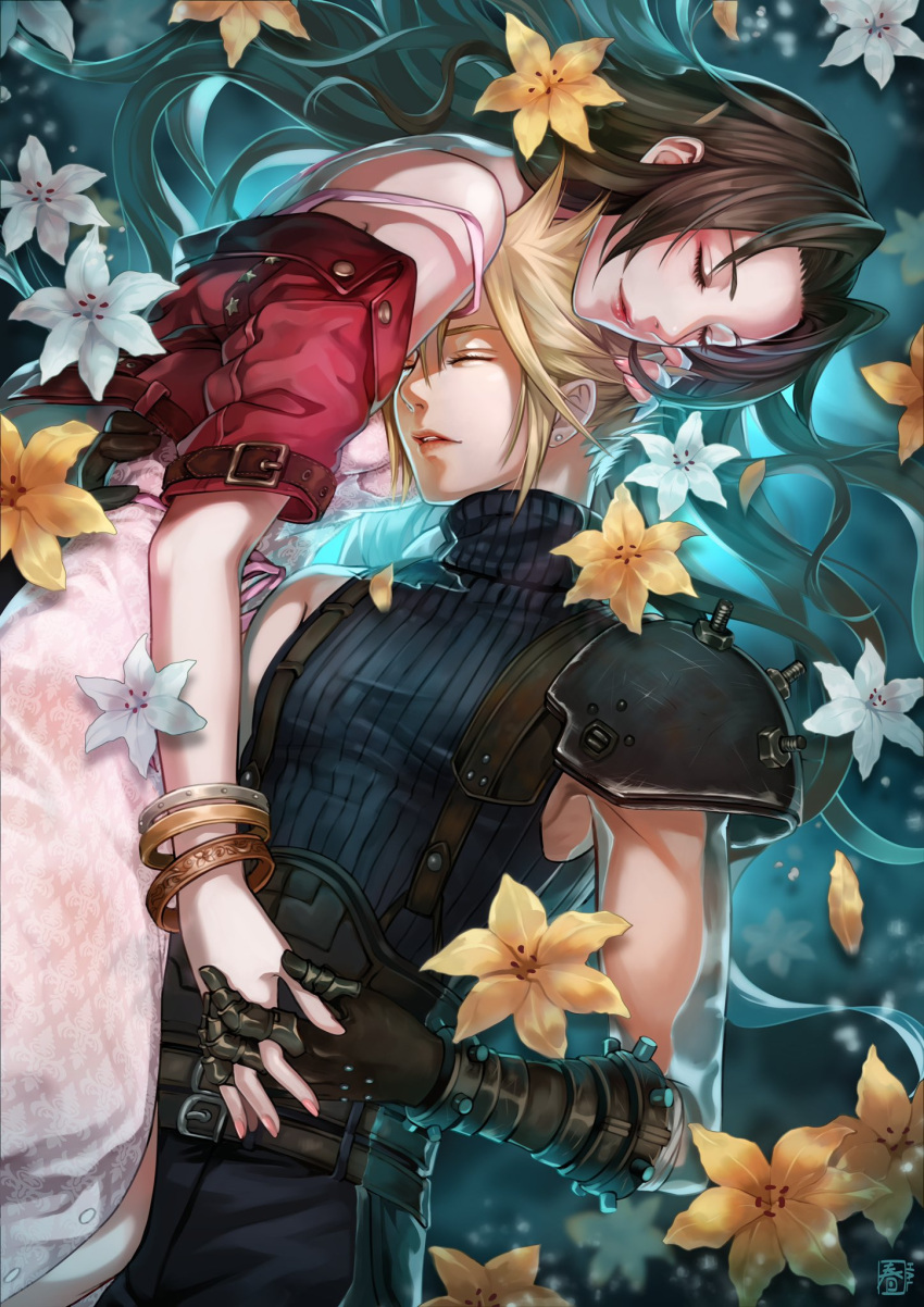1boy 1girl aerith_gainsborough armor bangs belt blonde_hair blue_pants blue_shirt bracelet brown_hair closed_eyes cloud_strife couple cropped_jacket dress earrings final_fantasy final_fantasy_vii final_fantasy_vii_remake flower hair_down hair_flower hair_ornament halu-ca hand_in_another's_hair highres holding_hands jacket jacket_partially_removed jewelry long_dress long_hair multiple_belts pants parted_bangs parted_lips partially_submerged pink_dress red_jacket shirt shoulder_armor single_earring sleeveless sleeveless_turtleneck smile spiked_hair strap_slip suspenders turtleneck upper_body white_flower yellow_flower