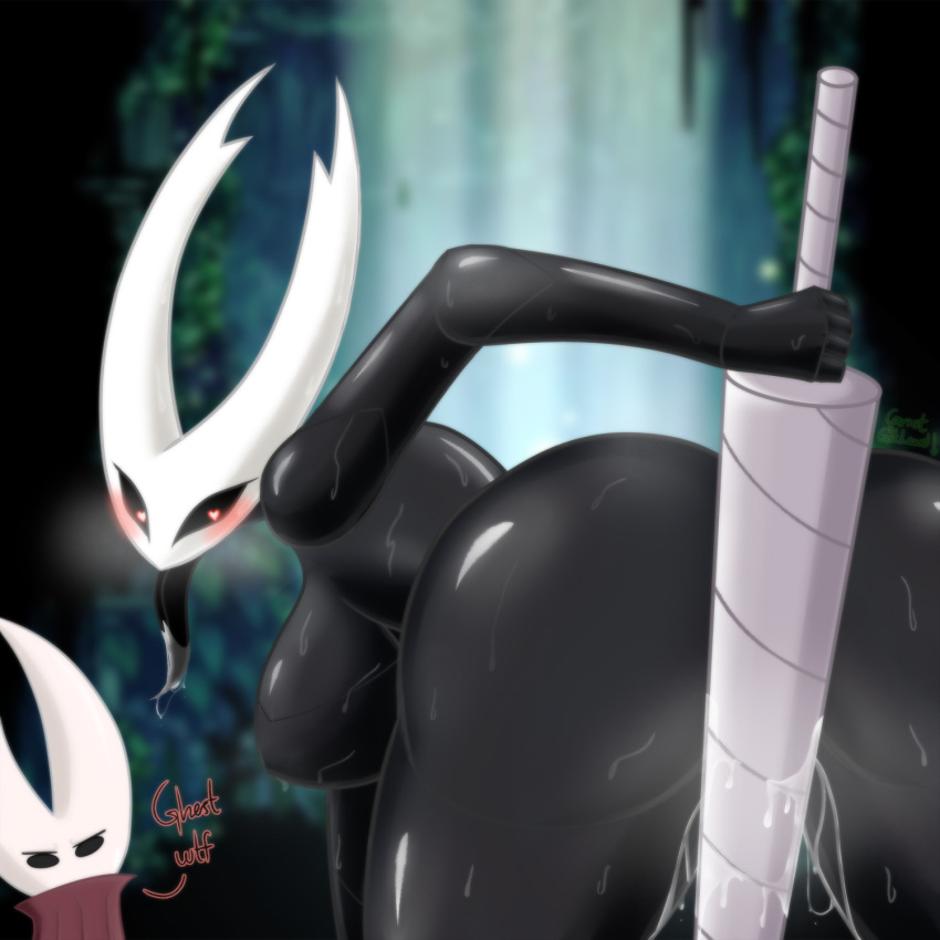 &lt;3 &lt;3_eyes bent_over big_breasts black_body bodily_fluids breasts carrotgitlewd female genital_fluids hi_res hollow_knight hornet_(hollow_knight) nude pussy_juice team_cherry tongue tongue_out vessel_(species) video_games