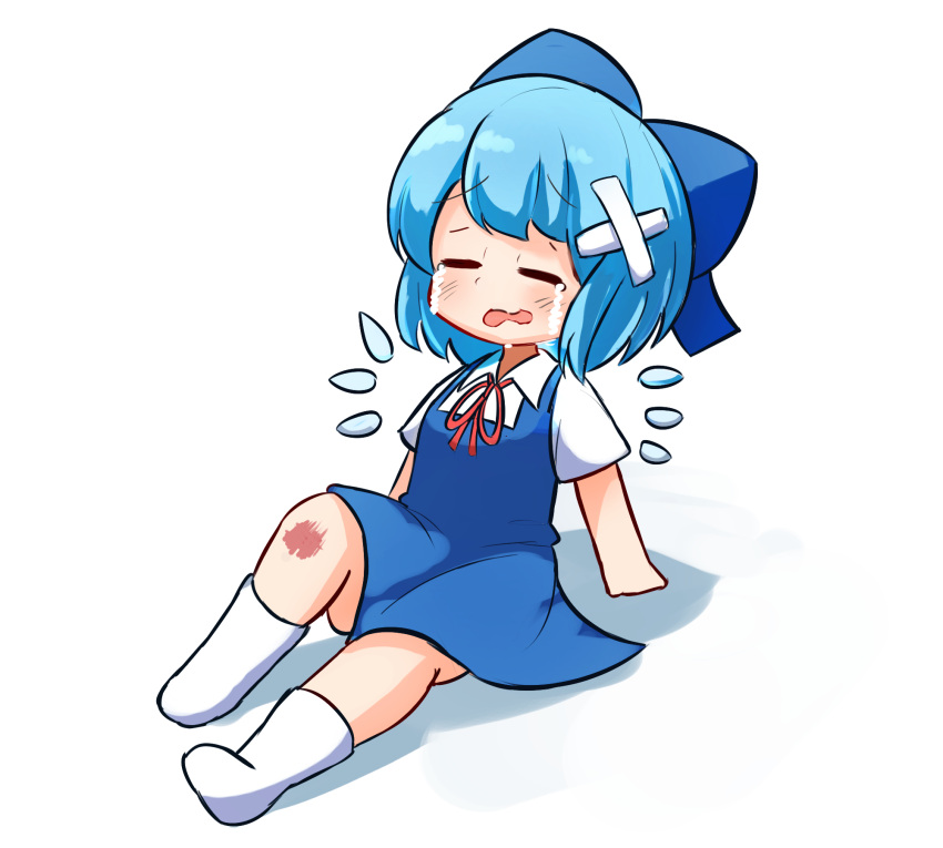 1girl blue_dress blue_hair blush bow cirno closed_eyes crossed_bandaids crying dress eyebrows_visible_through_hair ferdy's_lab full_body hair_bow highres ice ice_wings injury knee_up leaning_back open_mouth scraped_knee shadow shirt short_hair short_sleeves sitting solo streaming_tears tears touhou white_legwear wings
