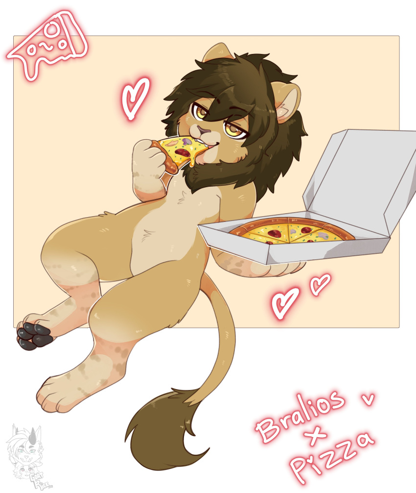 &lt;3 2021 absurd_res anthro barefoot black_pawpads brown_hair cheese chibi dairy_products dated digital_media_(artwork) eating english_text feet felid food fungus fur hair hi_res hindpaw holding_food holding_object holding_pizza holding_pizza_box lion male mammal mane mushroom pantherine pawpads paws pepperoni pizza pizza_box shaded simple_background solo tail_tuft tan_body tan_fur text thericegoat tuft yellow_eyes