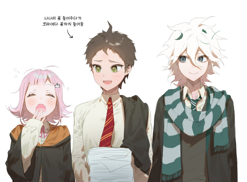 1girl 2boys :d ahoge alternate_costume bangs black_jacket blush brown_eyes brown_hair closed_eyes collared_shirt danganronpa_(series) danganronpa_2:_goodbye_despair galaga grey_scarf hair_between_eyes hair_ornament harry_potter_(series) highres hinata_hajime hogwarts_school_uniform jacket komaeda_nagito multicolored_clothes multicolored_scarf multiple_boys nanami_chiaki neck_ribbon necktie open_clothes open_jacket open_mouth pin_(ke0070831) pink_ribbon red_necktie ribbon scarf school_uniform shirt short_hair sideways_glance smile striped striped_necktie striped_scarf translation_request two-tone_necktie upper_body yawning