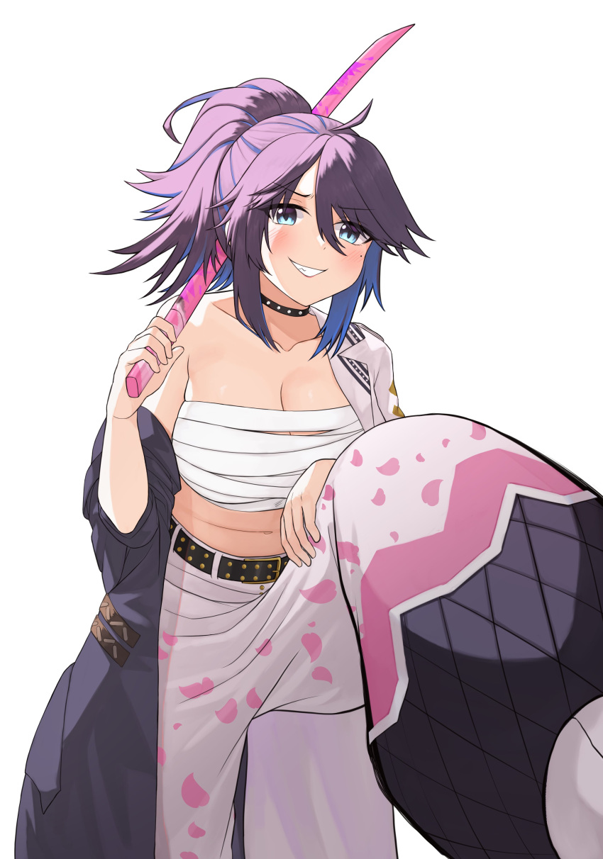 1girl absurdres ahoge black_choker blue_eyes bokken breasts chest_sarashi choker cleavage coat collarbone high_ponytail highres holding holding_sword holding_weapon indie_virtual_youtuber kson large_breasts long_hair looking_at_viewer midriff mole mole_under_eye multicolored_hair pants petal_print print_pants puffy_pants purple_hair ryoshi sarashi simple_background smile solo souchou spiked_hair studded_choker sukeban sword two-tone_coat two-tone_hair weapon white_background white_pants wooden_sword