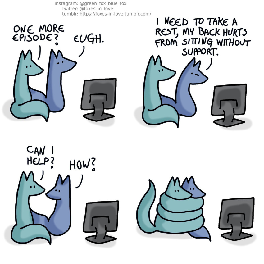 1:1 blue_body blue_fox_(foxes_in_love) blue_fur blue_tail canid canine comic dialogue duo english_text feral fox foxes_in_love fur green_body green_fox_(foxes_in_love) green_fur green_tail hi_res male_(lore) mammal monitor question_mark shadow simple_background text url