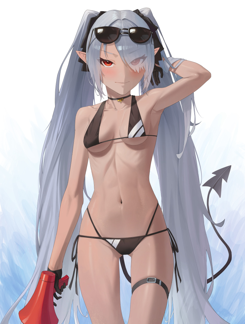 1girl absurdres adjusting_hair arm_behind_head armpits bangs bikini black_bikini black_gloves blue_archive blush bow breasts choker cleavage commentary_request dark_skin demon_girl demon_tail eyebrows_visible_through_hair eyes_visible_through_hair eyewear_on_head gloves glow_(user_hnpv7785) hair_bow hair_over_one_eye hair_ribbon highres holding holding_megaphone iori_(blue_archive) iori_(swimsuit)_(blue_archive) long_hair looking_at_viewer megaphone navel pointy_ears ribbon side-tie_bikini sidelocks simple_background smile solo stomach sunglasses swimsuit tail thighlet twintails white_background