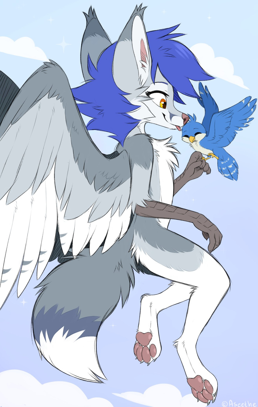 4_fingers 4_toes ambiguous_gender anthro aseethe avian beak bird blue_hair canid canine day detailed_background duo feathered_wings feathers feet female fingers fox fur grey_body grey_feathers grey_fur hair hi_res hybrid mammal outside sky smile toes wings