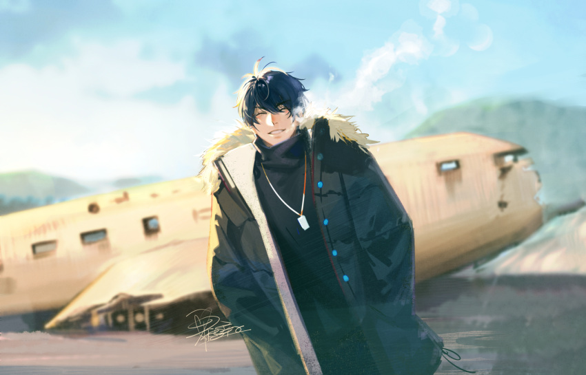 1boy :d bangs black_coat black_sweater blue_sky coat dog_tags grin hands_in_pockets long_sleeves marius_von_hagen_(tears_of_themis) outdoors purple_hair short_hair sky smile solo sweater tang_xinzi tears_of_themis teeth turtleneck turtleneck_sweater winter_clothes winter_coat