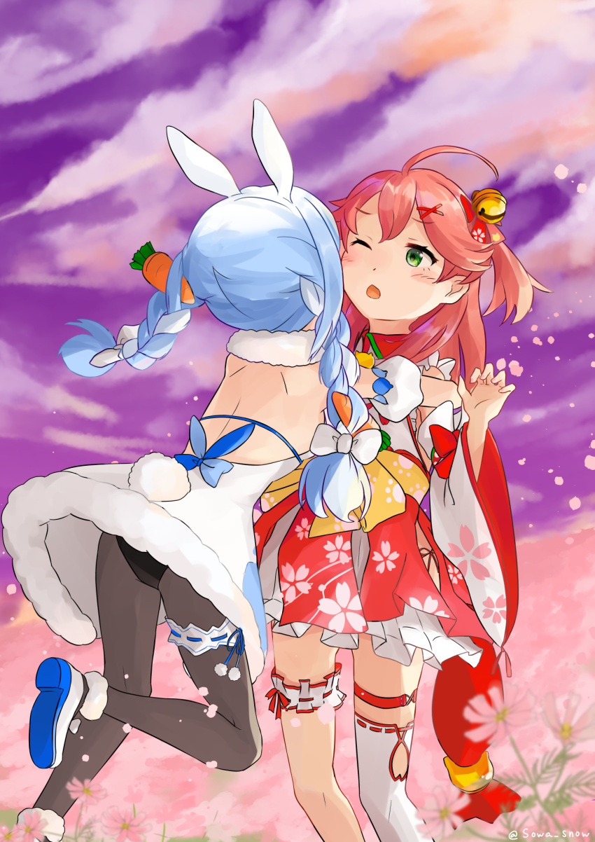 2girls ;o animal_ears bell blue_footwear blue_hair bow braid carrot carrot_hair_ornament cherry_blossom_print cloud detached_sleeves field floral_print flower flower_field food-themed_hair_ornament fur_scarf green_eyes hair_bell hair_bow hair_ornament highres hololive hug japanese_clothes kimono leg_strap looking_at_another medium_hair multicolored_hair multiple_girls one_eye_closed one_side_up open_mouth pantyhose pink_flower pink_hair purple_sky rabbit_ears rabbit_girl rabbit_tail sakura_miko sowa_snow standing tail twin_braids twintails two-tone_hair usada_pekora virtual_youtuber white_bow white_hair white_legwear wide_sleeves