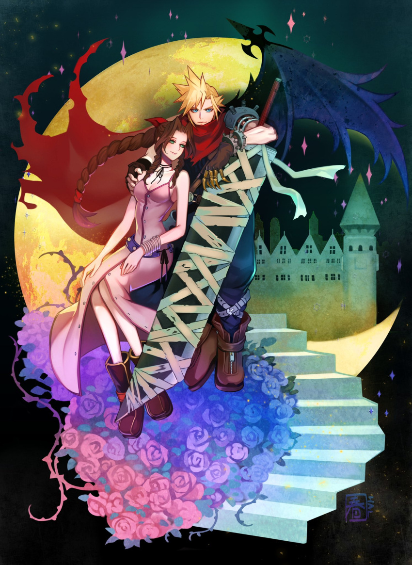 1boy 1girl aerith_gainsborough aqua_eyes armor bandages bangs blonde_hair blue_pants booths bracelet braid braided_ponytail breasts buster_sword buttons cape castle choker claws cleavage cloud_strife couple crescent_moon demon_wings dress final_fantasy final_fantasy_vii flower full_body gloves green_eyes hair_ribbon halu-ca hand_on_another's_shoulder highres jewelry kingdom_hearts long_dress long_hair medium_breasts moon official_alternate_costume pants parted_bangs pink_dress purple_belt red_cape ribbon rose shoulder_armor sidelocks single_wing smile sparkle spiked_hair stairs thorns wings
