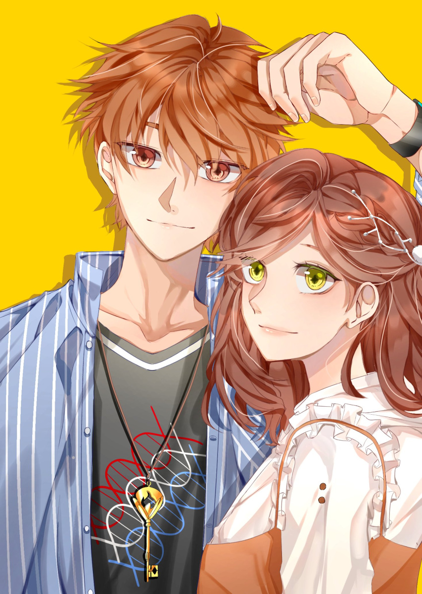 1boy 1girl bangs black_shirt blue_jacket brown_eyes brown_hair closed_mouth dress frilled_dress frills green_eyes highres jacket jewelry key lips long_hair looking_at_viewer luke_pearce_(tears_of_themis) necklace qeanoya rosa_(tears_of_themis) shirt short_hair simple_background tears_of_themis white_shirt yellow_background