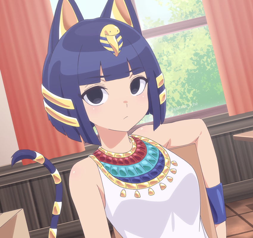 animal_crossing animal_ears ankha_(animal_crossing) bangs bare_shoulders black_eyes blue_hair blunt_bangs bracelet breasts cat_ears cat_girl cat_tail egyptian_clothes expressionless gold hair_ornament highres humanization indoors jewelry looking_at_viewer medium_breasts patrick_fche shirt short_hair signature sitting sleeveless sleeveless_shirt snake_hair_ornament striped_tail tail twitter_username usekh_collar white_shirt window