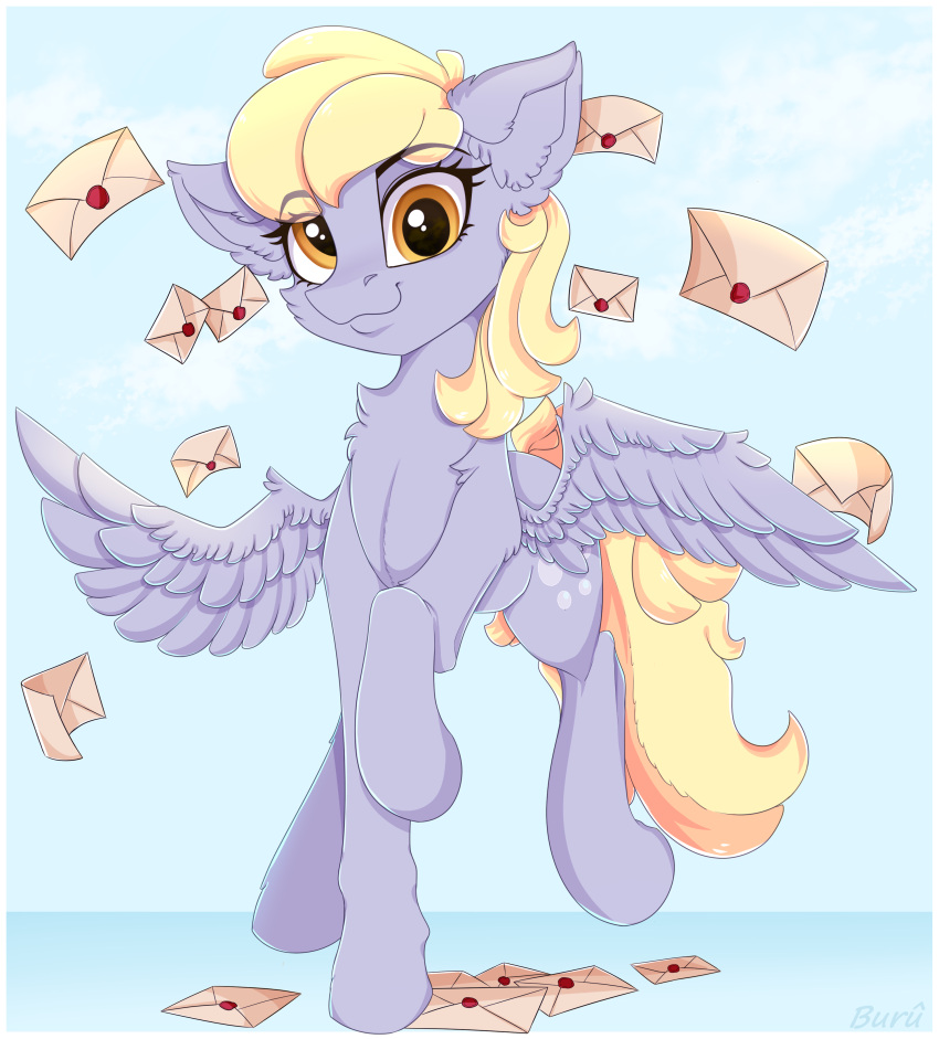 2020 absurd_res buru-misu chest_tuft cutie_mark derpy_hooves_(mlp) equid equine eyelashes feathered_wings feathers female feral friendship_is_magic fur grey_body grey_fur hasbro hi_res inner_ear_fluff letter looking_at_viewer mammal my_little_pony pegasus smile tuft wings yellow_eyes