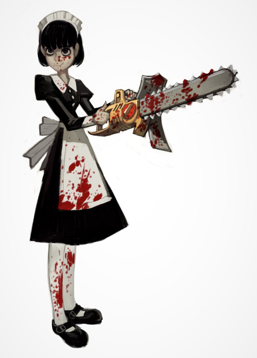 1girl apron black_dress black_eyes black_footwear black_hair blood blood_on_face bob_cut chainsaw closed_mouth dress full_body highres holding holding_chainsaw juliet_sleeves long_sleeves looking_at_viewer maid maid_headdress mossacannibalis original pantyhose puffy_sleeves shoes short_hair simple_background smile solo white_apron white_background white_legwear