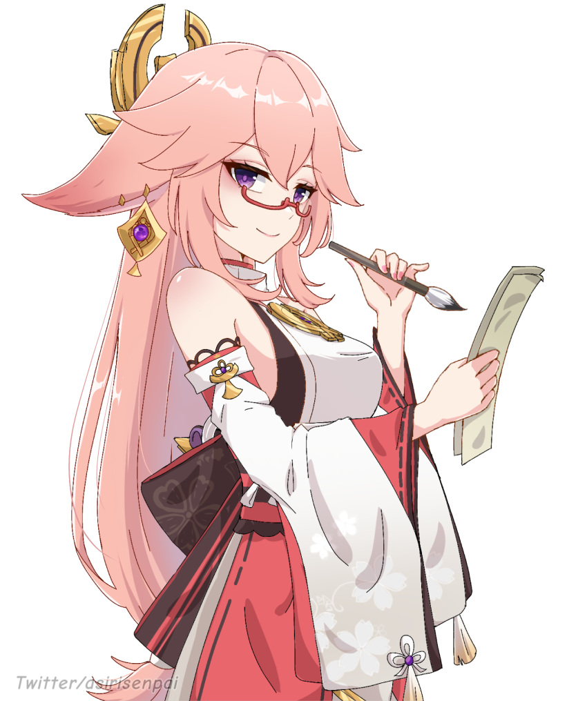 1girl animal_ears asiri_senpai bangs bespectacled calligraphy_brush commentary detached_sleeves earrings english_commentary eyebrows_visible_through_hair fox_ears fox_girl genshin_impact glasses hair_between_eyes hair_ornament highres holding jewelry long_hair long_sleeves looking_at_viewer low-tied_long_hair nontraditional_miko ofuda paintbrush pink_hair purple_eyes ribbon-trimmed_sleeves ribbon_trim semi-rimless_eyewear sidelocks simple_background solo twitter_username vision_(genshin_impact) white_background wide_sleeves yae_miko