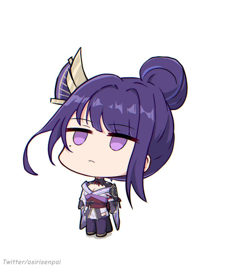 1girl alternate_hairstyle armor asiri_senpai bangs blunt_bangs breasts chibi cleavage commentary_request empty_eyes eyebrows_visible_through_hair genshin_impact hair_bun hair_ornament highres japanese_clothes long_hair long_sleeves mitsudomoe_(shape) mole mole_under_eye obi purple_eyes purple_hair raiden_shogun sash shima_rin shoulder_armor sidelocks simple_background solo thighhighs tomoe_(symbol) twitter_username vision_(genshin_impact) white_background wide_sleeves yurucamp zettai_ryouiki