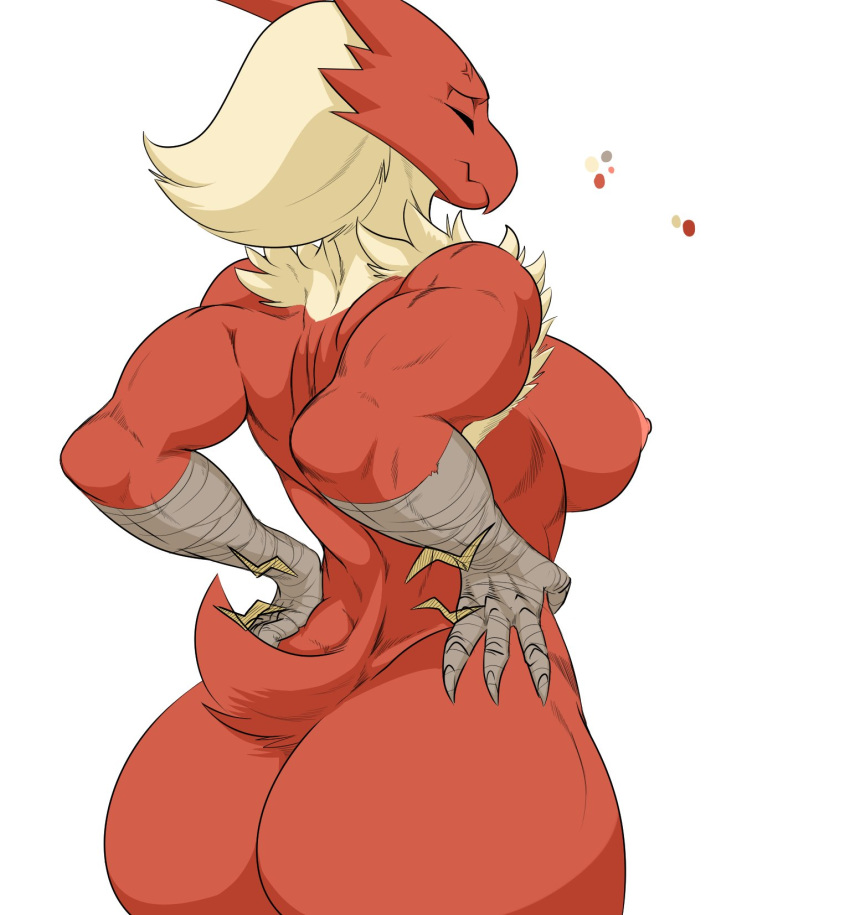 2019 anthro avian back_muscles backache biceps big_breasts big_butt blaziken blonde_hair breasts butt claws danonymous eyelashes eyes_closed female fur hair hands_on_hips multicolored_fur muscular muscular_female nintendo nipples nude pok&eacute;mon pok&eacute;mon_(species) portrait rear_view red_fur simple_background solo standing thick_thighs three-quarter_portrait triceps tuft two_tone_fur video_games white_background wide_hips
