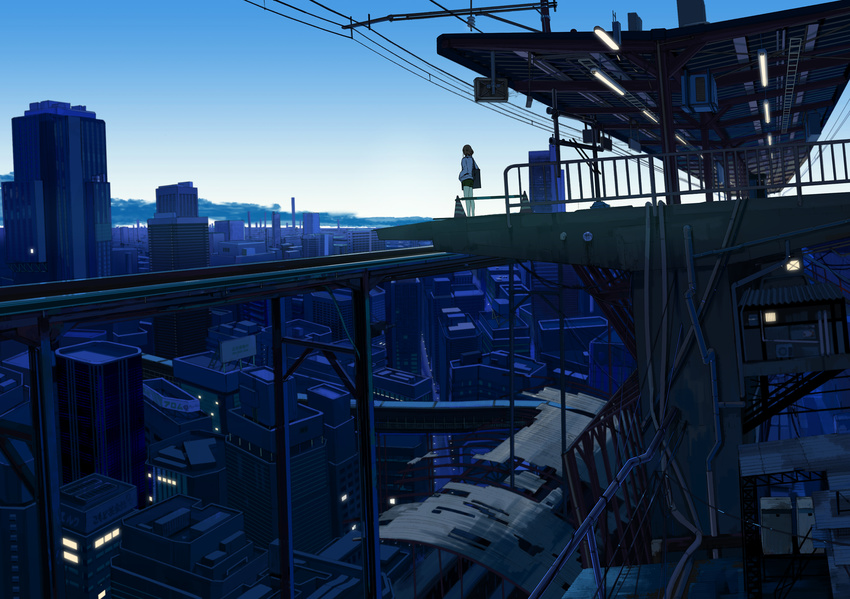 bad_id bad_pixiv_id bag cable city cityscape cloud dusk earphones fluorescent_lamp from_above from_behind highres kurono_kuro original pipes railroad_tracks scenery short_hair shorts sky solo traffic_cone train_station twilight