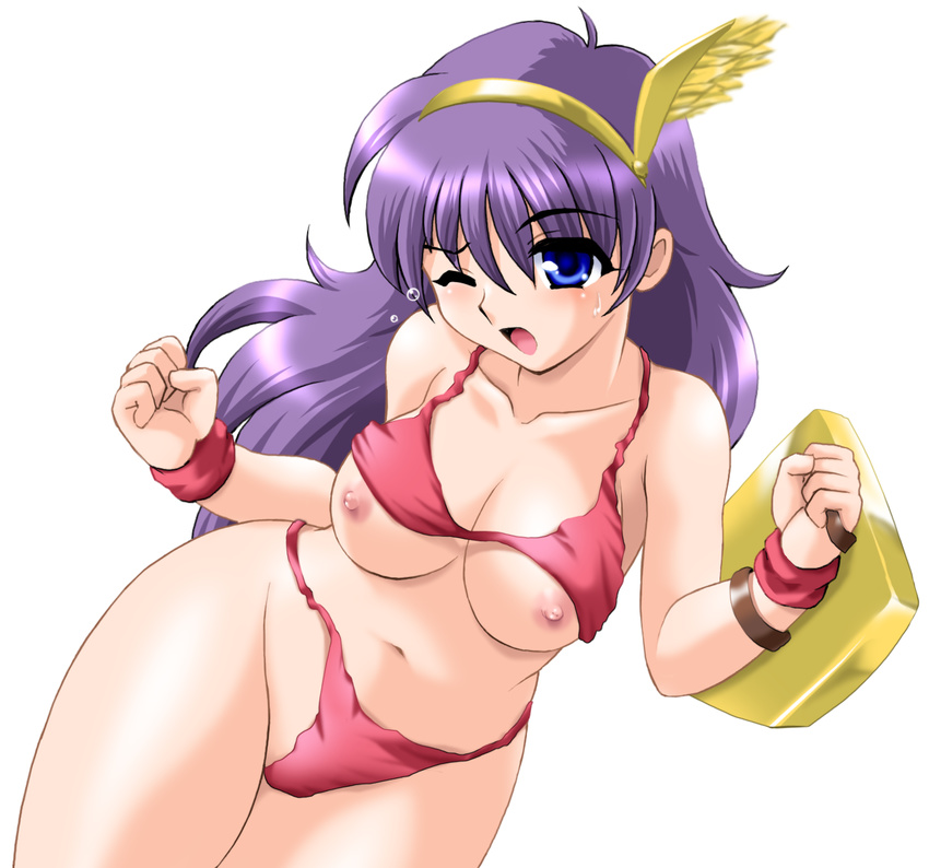 bikini blue_eyes breasts cleavage curvy cute highres hips king_of_fighters long_hair navel nipples open_mouth perfection princess_athena purple_hair shield snk swimsuit tears thighs toushi_ryoku wide_hips wink