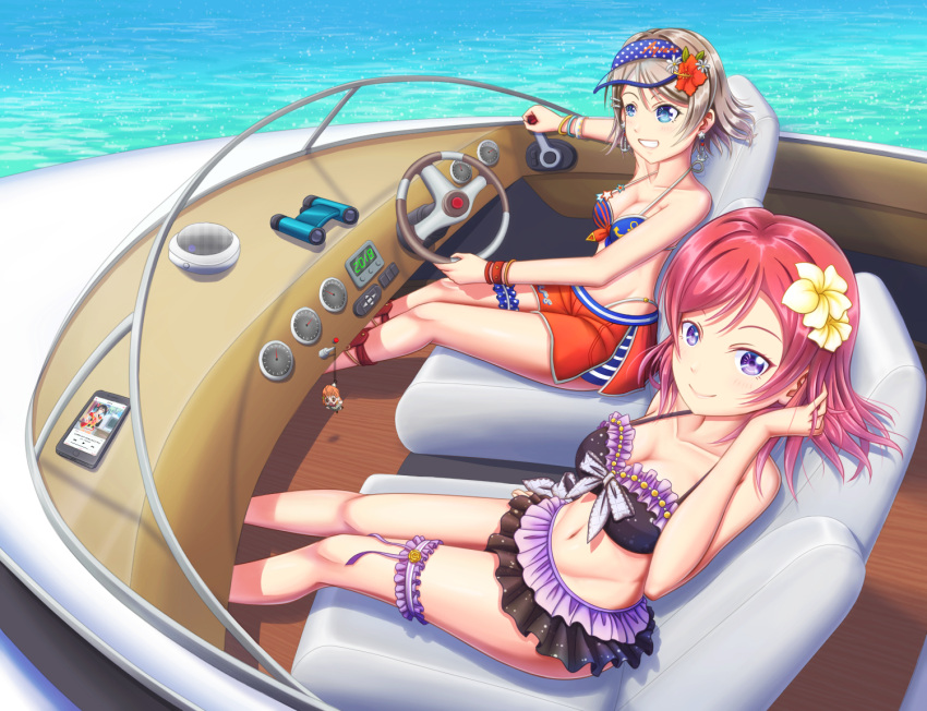 bikini binoculars boat boat_interior cellphone charm crossover driving flower hair_flower hair_ornament love_live! love_live!_school_idol_project love_live!_sunshine!! nishikino_maki phone smartphone swimsuit takami_chika tsukimi_seiya visor watanabe_you water watercraft