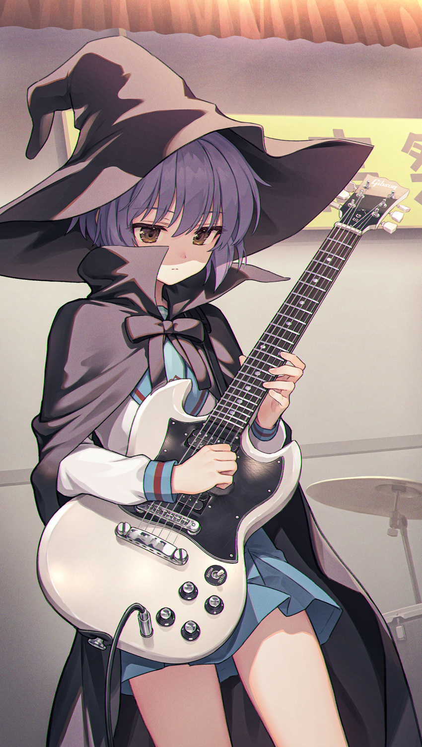 1girl bangs black_cape black_headwear black_ribbon blue_skirt brown_eyes cape closed_mouth cowboy_shot drum drum_set electric_guitar expressionless eyebrows_visible_through_hair gibson_sg god_knows... guitar hat highres indoors instrument kita_high_school_uniform kurobuta_gekkan long_sleeves miniskirt music nagato_yuki playing_instrument purple_hair ribbon school_uniform serafuku shirt short_hair skirt solo suzumiya_haruhi_no_yuuutsu white_shirt witch_hat