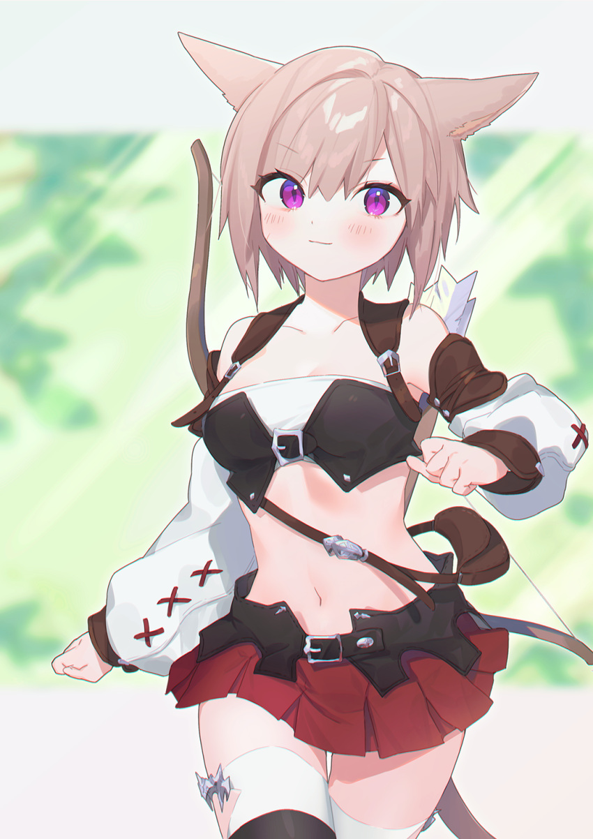 &gt;:) 1girl animal_ears arrow_(projectile) avatar_(ff14) bag belt bow_(weapon) bra breasts brown_hair cat_ears cat_girl cat_tail detached_sleeves final_fantasy final_fantasy_xiv funa_(sakana) highres long_sleeves medium_breasts midriff miqo'te navel pleated_skirt purple_eyes quiver satchel short_hair skirt smile stomach tail thighhighs underwear v-shaped_eyebrows weapon zettai_ryouiki