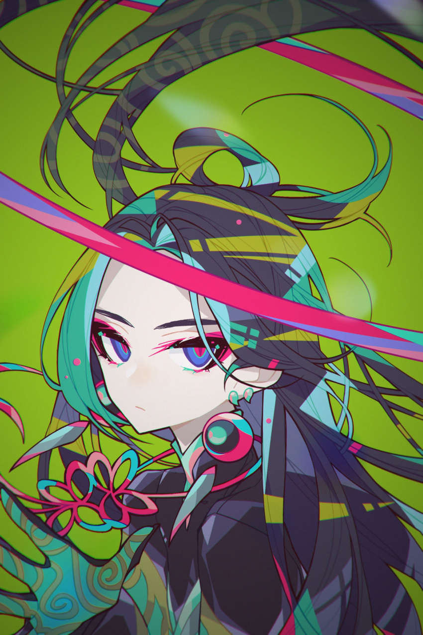 1boy absurdres black_hair blonde_hair blue_eyes chinese_clothes closed_mouth commentary_request earrings expressionless eyeshadow fate/grand_order fate_(series) gloves green_background green_hair halo highres iralion jewelry long_hair long_sleeves looking_at_viewer makeup male_focus multicolored_eyes multicolored_hair pale_skin red_eyes red_eyeshadow red_ribbon ribbon simple_background solo taisui_xingjun_(fate) upper_body