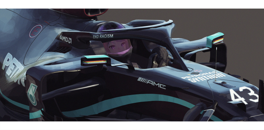 1girl absurdres amd arasaka_inu black_gloves car chinese_commentary commentary english_commentary formula_one gloves ground_vehicle helmet highres horse_girl long_hair looking_ahead mejiro_mcqueen_(umamusume) mercedes-benz motor_vehicle petronas purple_hair race_vehicle racecar racing umamusume