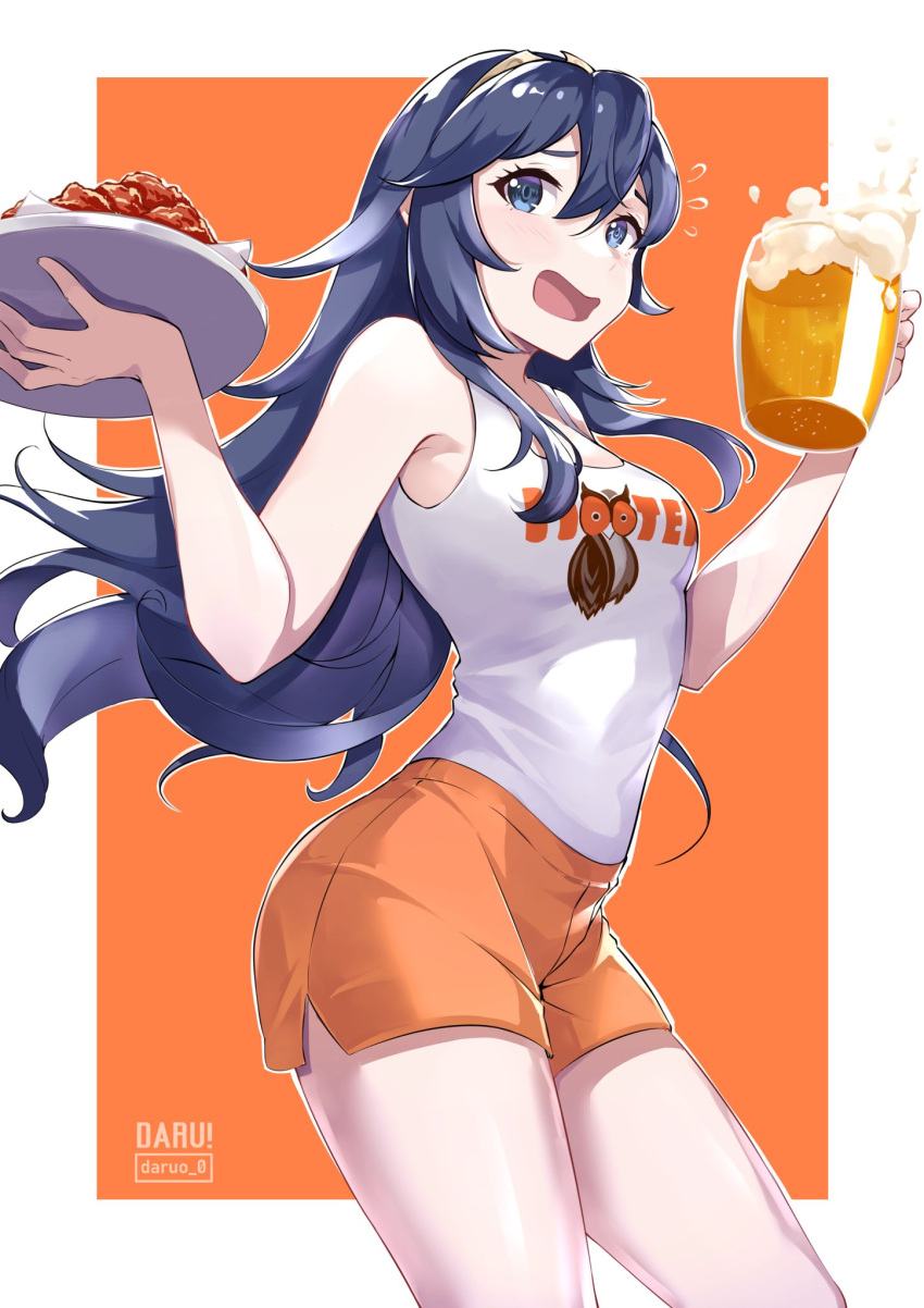 1girl alcohol beer blue_eyes blue_hair blush breasts cleavage daru daruo_0 employee_uniform fire_emblem fire_emblem_awakening food hair_between_eyes highres hooters long_hair looking_at_viewer lucina_(fire_emblem) no_legwear open_mouth orange_shorts short_shorts shorts simple_background solo tank_top tiara uniform waitress