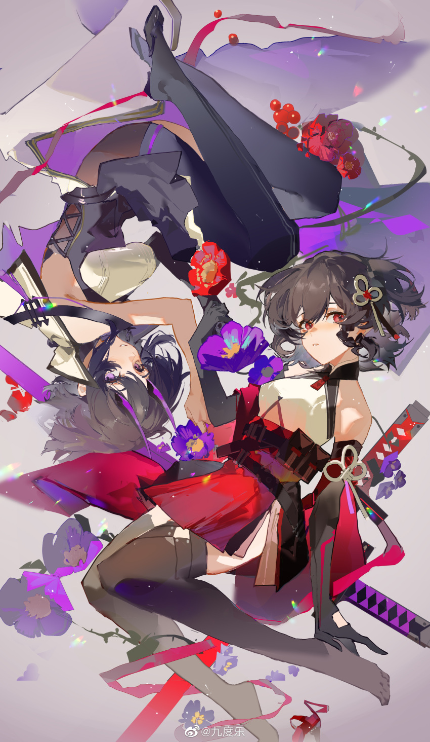 2girls 9degree absurdres aether_gazer bangs bare_back bare_shoulders belt black_gloves black_hair black_legwear braid breasts buzenbo_(aether_gazer) detached_sleeves elbow_gloves flower full_body gloves hair_between_eyes hair_flower hair_ornament highres holding_hands horns japanese_clothes looking_at_viewer medium_breasts multiple_girls open_mouth purple_eyes red_eyes short_hair simple_background sword thighhighs thighs third-party_edit third-party_watermark tsukuyomi_(aether_gazer) weapon