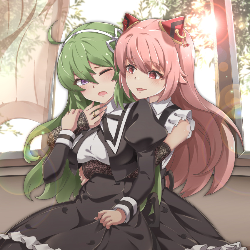 2girls ahoge assault_lily black_legwear black_ribbon black_skirt black_sleeves blurry blurry_background blush bow_hairband breasts buttons clothes_grab collared_shirt cowboy_shot cropped_jacket curtains day detached_sleeves endou_araya eyebrows_visible_through_hair frilled_shirt frilled_skirt frills green_hair hair_between_eyes hair_ribbon hairband hairpods hand_on_another's_arm hand_on_another's_chin hand_up heads_together high-waist_skirt highres hug hug_from_behind indoors jewelry juliet_sleeves kaede_(0025kaede) lace_sleeves lens_flare long_hair long_sleeves looking_at_another looking_at_viewer medium_breasts miniskirt multiple_girls neck_ribbon one_eye_closed open_mouth pantyhose parted_lips pink_hair puffy_sleeves purple_eyes red_eyes ribbon ring school_uniform shirt sitting skirt skirt_grab sleeveless sleeveless_shirt sleeves_past_wrists smile suspenders tanaka_ichi tongue tongue_out tree wavy_hair white_hairband white_ribbon white_shirt window yuri yurigaoka_girls_academy_school_uniform